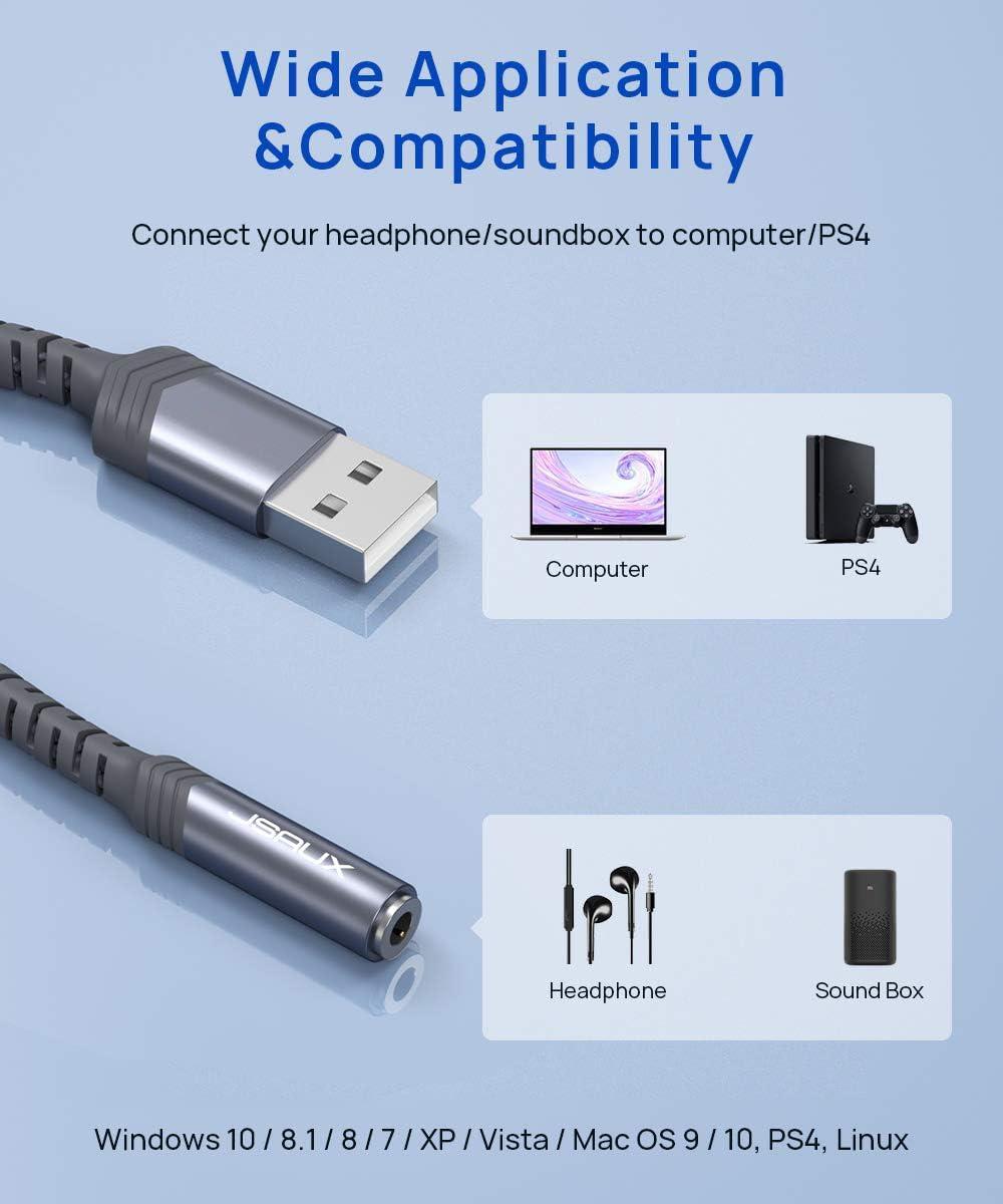 imageJSAUX USB to 35mm Jack Audio AdapterUSB to Audio Jack Adapter Headset TRRS 4Pole Female External Stereo Sound Card for Headphone Mac PS4 PC Laptop Desktops and More Grey06FTGrey