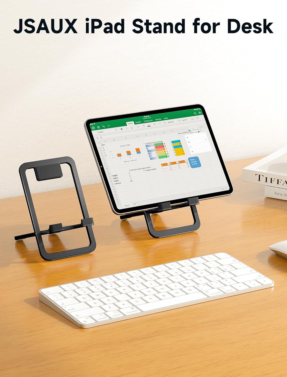 imageJSAUX Universal Tablet Stand Portable Foldable Tablet Holder for Desk Compatible with iPad miniAir Samsung Galaxy Tab Kindle Fire Steam Deck Switch 2 ROG Ally iPhone and Other TabletsGrayBlack