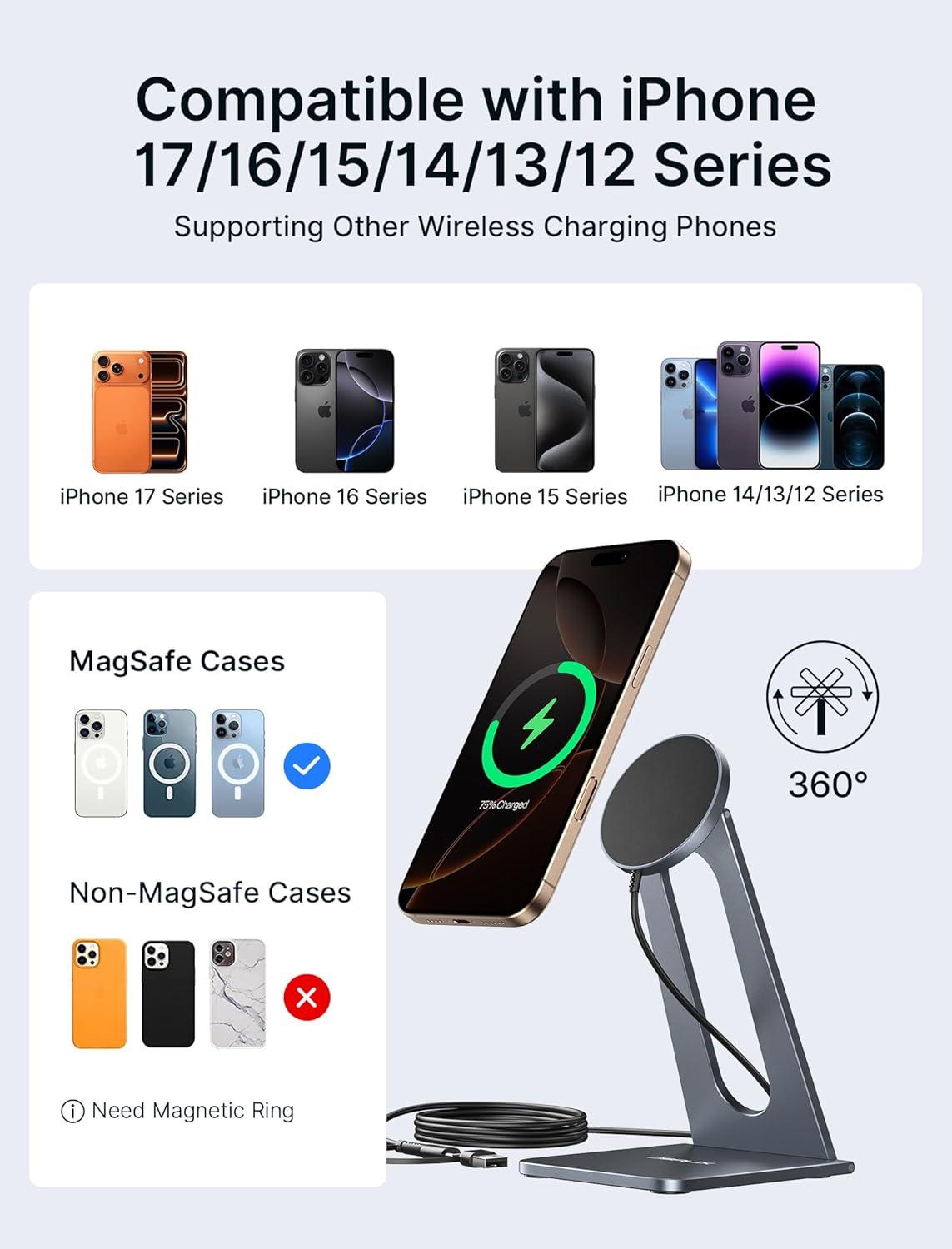 imageJSAUX Wireless Charger Stand for iPhone 17 MagSafe Charger Magnetic Charger for iPhone 17 Air Pro Max1615141312 SeriesAirpods Aluminum Alloy Wireless Charging Stand  GreyGrey