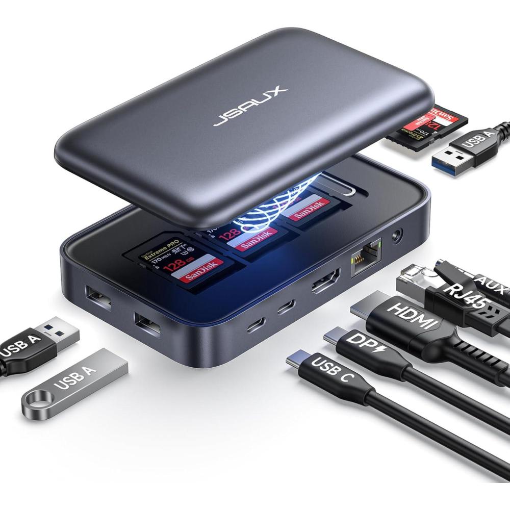 imageJSAUX 12 in 1 USB C Docking Station 3 Monitors for MacBookDellHPLenovoSteam DeckPortable Monitor Laptop Docking Station with 4K DP 4K HDMI2 100W PD USB 30 1000Mbps Ethernet SDTF10 in 1  Magnetic