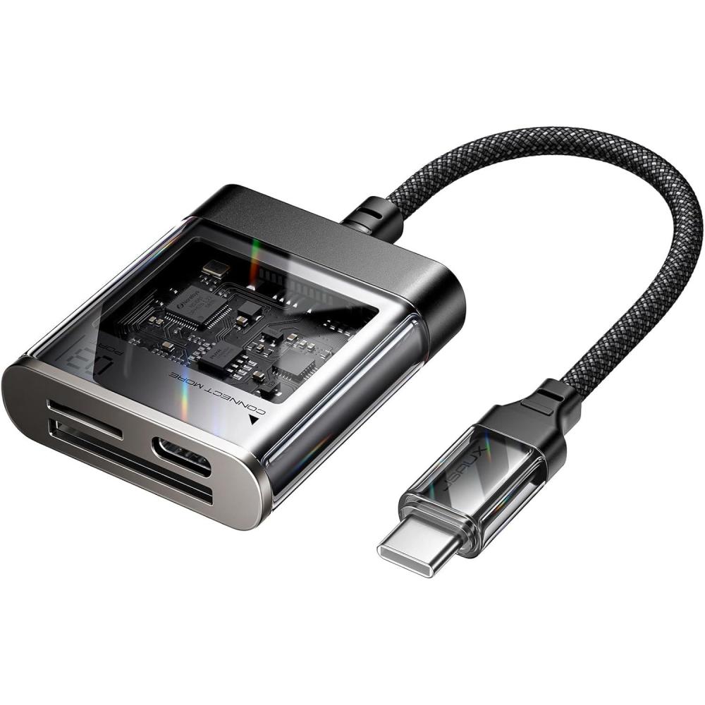 imageJSAUX 3in1 SD Card Reader USB C 5Gbps with PD 60W Fast Charging Type C Micro SD Memory Card Reader for TF SD Micro SD SDXC SDHC Compatible with iPhone 16 Pro Max MacBook Galaxy iPad Pro CameraTransparent Black