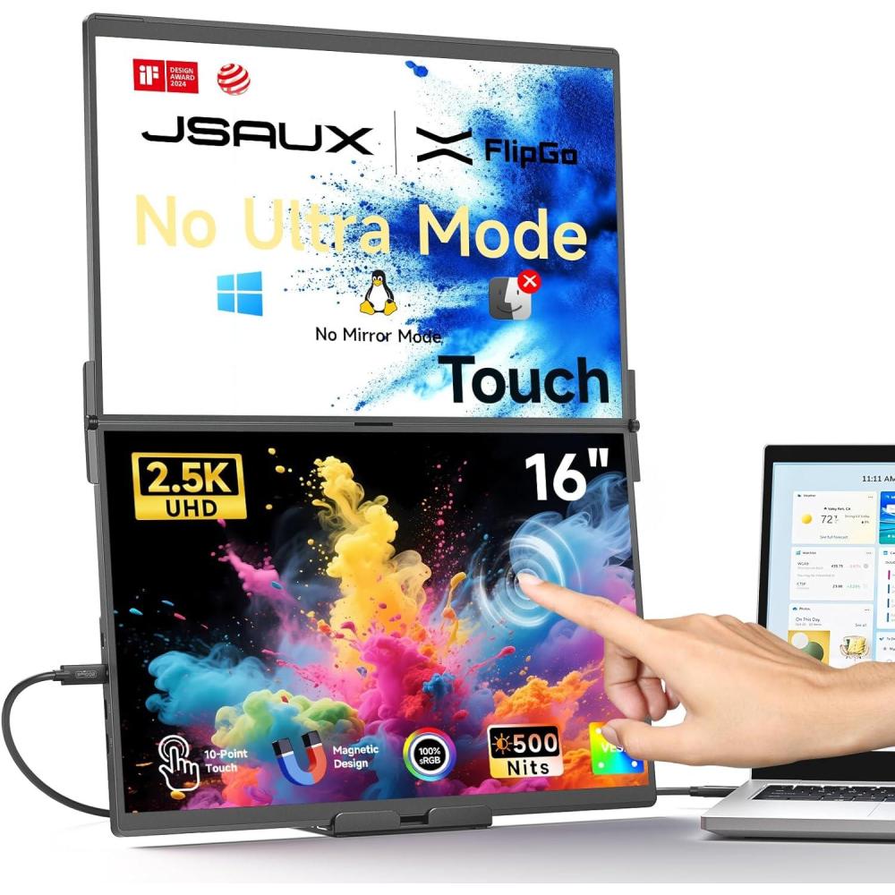 imageJSAUX FlipGo Touchscreen 16quot Dual Portable Monitor 25K Triple Laptop Touch IPS Screen Foldable Extender for Laptopfor WindowsLinux One Cable to DualMagnetic DesignBuiltin HUBHiDPI DisplayTouch Screen 16