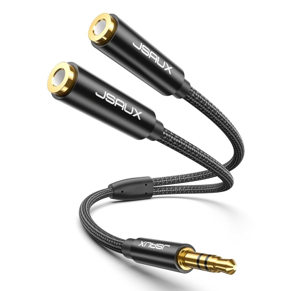 imageJSAUX Headphone Splitter 35mm Audio Splitter 2 Female to 1 Male Dual Headphone Adapter Compatible with PS4 PS5 Xbox Nintendo Switch PC Gaming Headsets Phone Tablet Laptop and MoreRedBlack