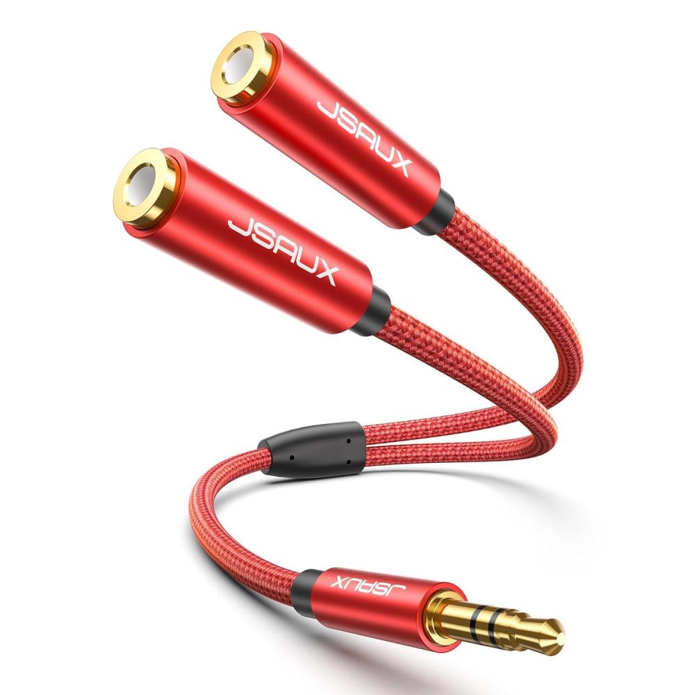 imageJSAUX Headphone Splitter 35mm Audio Splitter 2 Female to 1 Male Dual Headphone Adapter Compatible with PS4 PS5 Xbox Nintendo Switch PC Gaming Headsets Phone Tablet Laptop and MoreRedRed