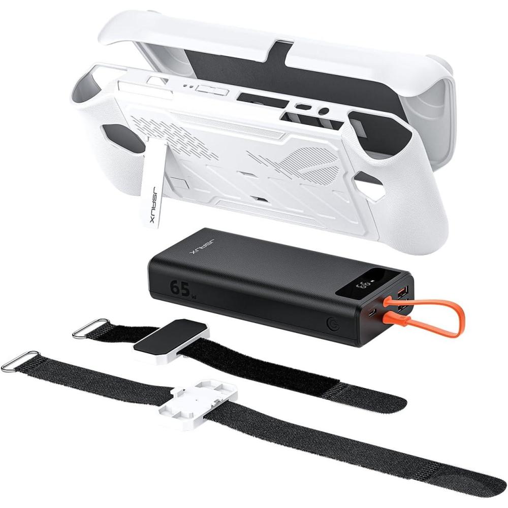 imageJSAUX ModCase for ROG Ally with 20000mAh Power Bank Detachable Front Shell Protective Case Metal Bracket and Strap Compatible with ASUS ROG Ally Accessories Power Bank SetWhite PC0109