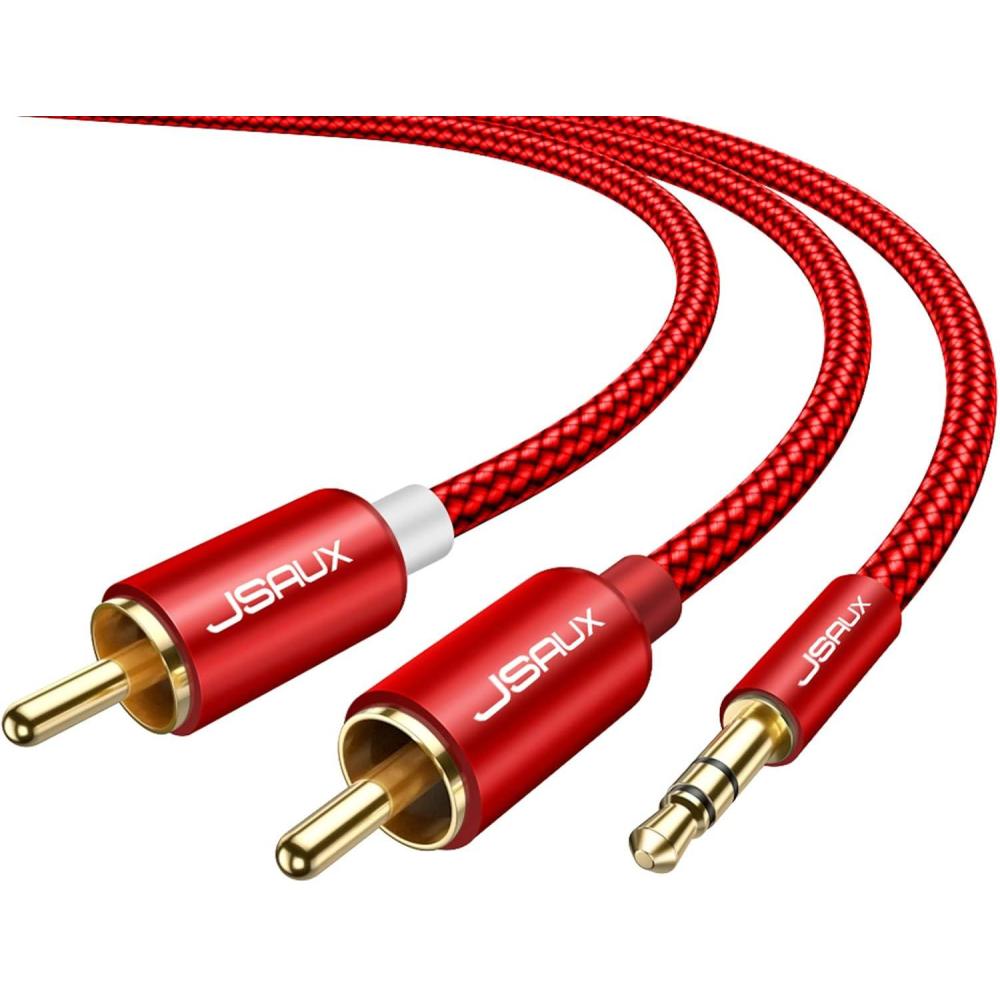imageJSAUX RCA to 35mm Cable 66ft Aux to RCA Headphone Male to Male Jack Adapter Nylon Braided 18 Audio Y Cord for Smartphones MP3 Tablets Speakers HDTV GreyRed