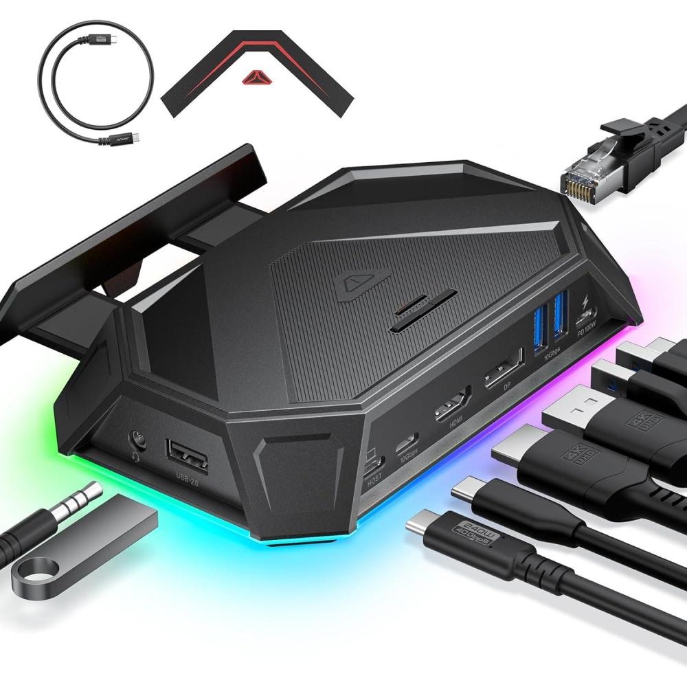 imageJSAUX RGB Docking Station for Steam Deck OLEDROG AllyLegion Go 12in1 Dock for Steam Deck with 4K120Hz HDMI DisplayPort Gigabit Ethernet USB C 32 USB A 3220 SDTF Slots 35mm JackAmethystBlack