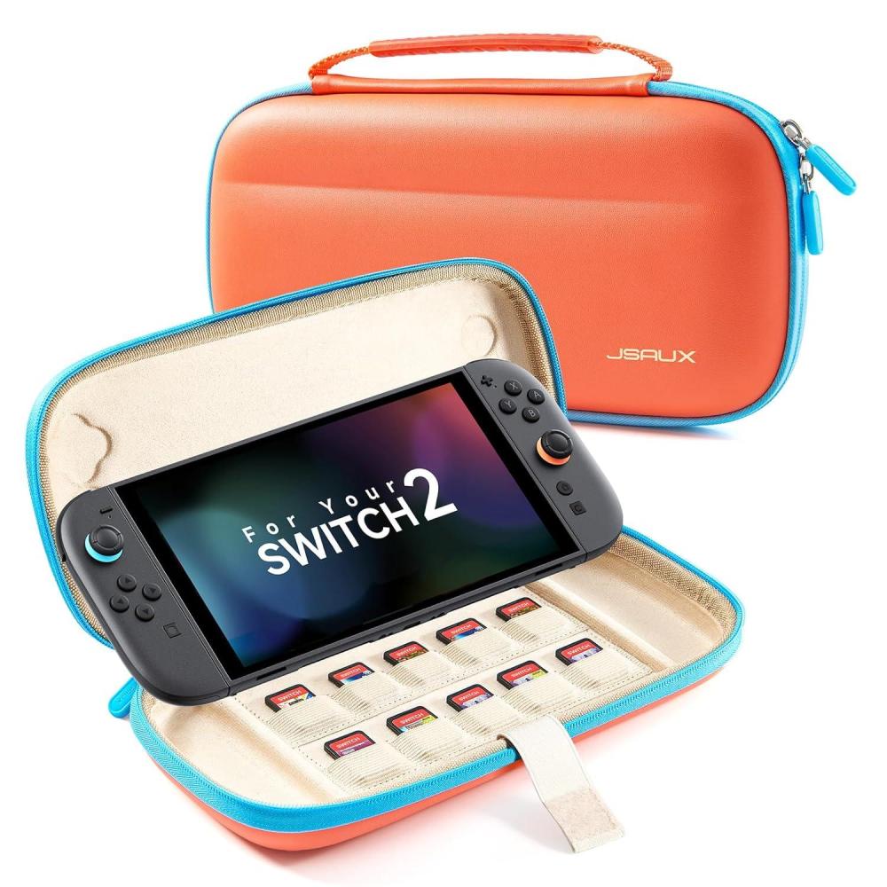 imageJSAUX Slim Carrying Case for Nintendo Switch 2 2025 Portable Switch 2 Case with 10 Game Slots Protective Hard Shell for Travel and Storage BlueOrange