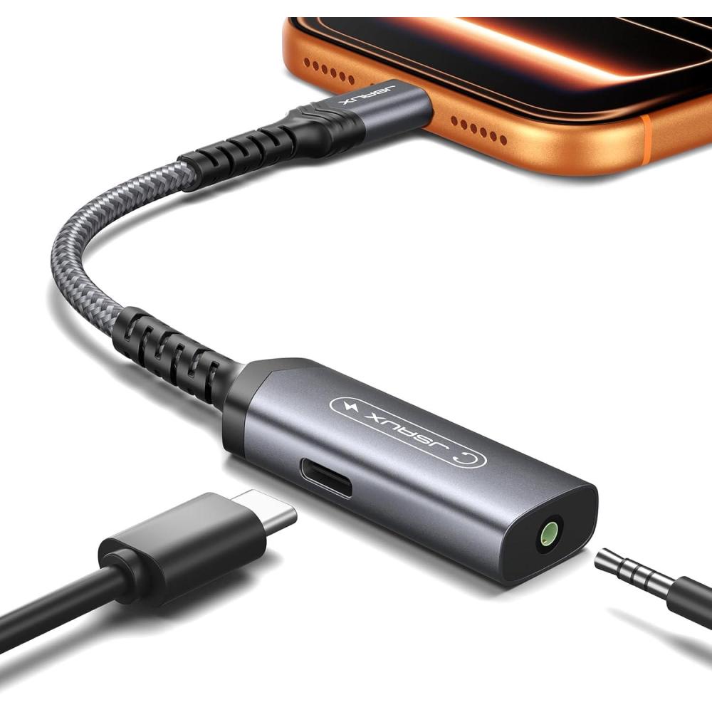 imageJSAUX USB C Headphone Adapter and Charger 2in1 Type to 35mm Audio with PD 60W Fast Charging for iPhone 16 Pro16 Pro Max1616 Plus15 Pro Max15 ProSamsung S24S24S23S22S21iPad ProRedGrey