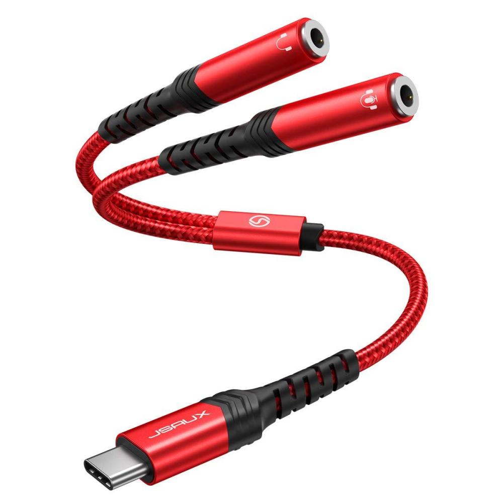 imageJSAUX USB C to Dual 35mm Female Headphone Splitter Type C to Dual 35mm Female Aux Y Jack Headphone Adapter Compatible with iPhone 16 Pro Max15 Pro Max Galaxy S2423 Ultra Pixel iPad ProRedRed