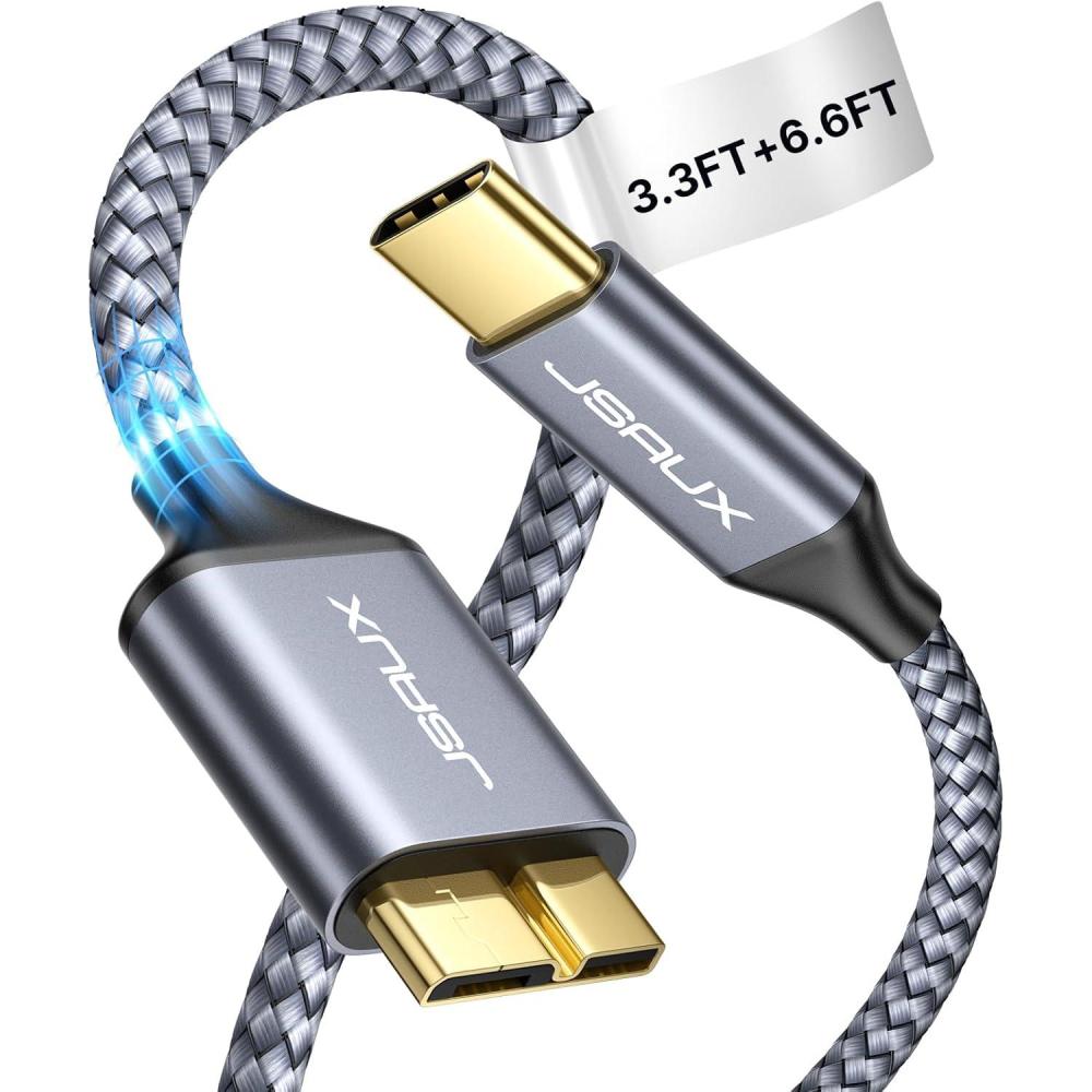 imageJSAUX USB C to Micro B Cable 2 Pack 33ft66ft Type C to Micro B Hard Drive Cable Nylon Braided Cord Compatible with ToshibaSeagateWD External Hard Drive MacBook pro and Galaxy S8S9S10 Grey33ft66ft