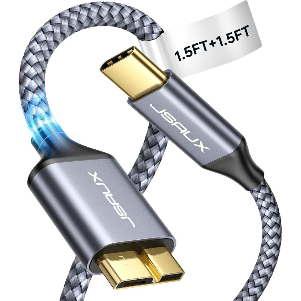 imageJSAUX USB C to Micro B Cable 2 Pack 33ft66ft Type C to Micro B Hard Drive Cable Nylon Braided Cord Compatible with ToshibaSeagateWD External Hard Drive MacBook pro and Galaxy S8S9S10 Grey15FT15FT