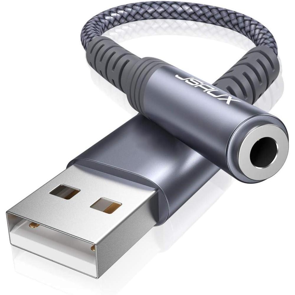 imageJSAUX USB to 35mm Jack Audio AdapterUSB to Audio Jack Adapter Headset TRRS 4Pole Female External Stereo Sound Card for Headphone Mac PS4 PC Laptop Desktops and More Grey06FTGrey