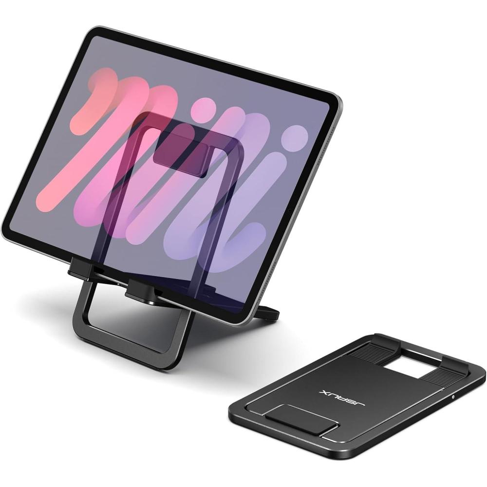 imageJSAUX Universal Tablet Stand Portable Foldable Tablet Holder for Desk Compatible with iPad miniAir Samsung Galaxy Tab Kindle Fire Steam Deck Switch 2 ROG Ally iPhone and Other TabletsGrayBlack