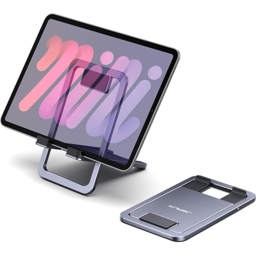 imageJSAUX Universal Tablet Stand Portable Foldable Tablet Holder for Desk Compatible with iPad miniAir Samsung Galaxy Tab Kindle Fire Steam Deck Switch 2 ROG Ally iPhone and Other TabletsGrayGray