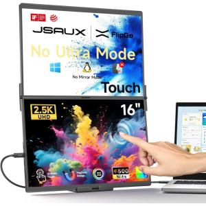 imageJSAUX FlipGo Touchscreen 16quot Dual Portable Monitor 25K Triple Laptop Touch IPS Screen Foldable Extender for Laptopfor WindowsLinux One Cable to DualMagnetic DesignBuiltin HUBHiDPI DisplayTouch Screen 16