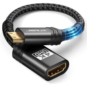 imageJSAUX Mini HDMI to HDMI Adapter Mini HDMI Male to HDMI Female Cable with 4K 60Hz HDR 3D 18Gbps Compatible with Camera Camcorder Raspberry Pi Zero Laptop TabletGrayBlack