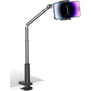 imageJSAUX Phone Holder for Desk and Bed Compatible with iPhone 16 15 14 13 12 Overhead Phone Mount Gooseneck Phone Stand Flexible 360 Lazy Long Arm Clamp Clip for Table Bedside 1Pack BlackBlack