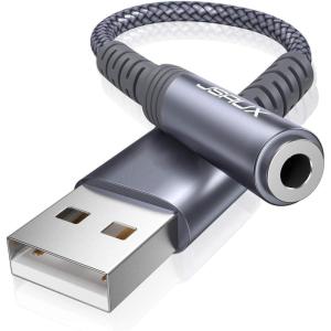imageJSAUX USB to 35mm Jack Audio AdapterUSB to Audio Jack Adapter Headset TRRS 4Pole Female External Stereo Sound Card for Headphone Mac PS4 PC Laptop Desktops and More Grey06FTGrey