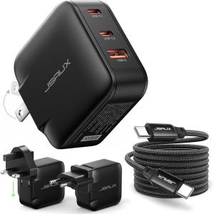 imageJSAUX 65W USB C Wall Charger 3Port GaN Fast Charger Block with Foldable Plug Includes 66FT USB C Cable amp UKEU Travel Plugs Compact Charger for Laptop iPhone 17 Galaxy Switch 2 Steam Deck